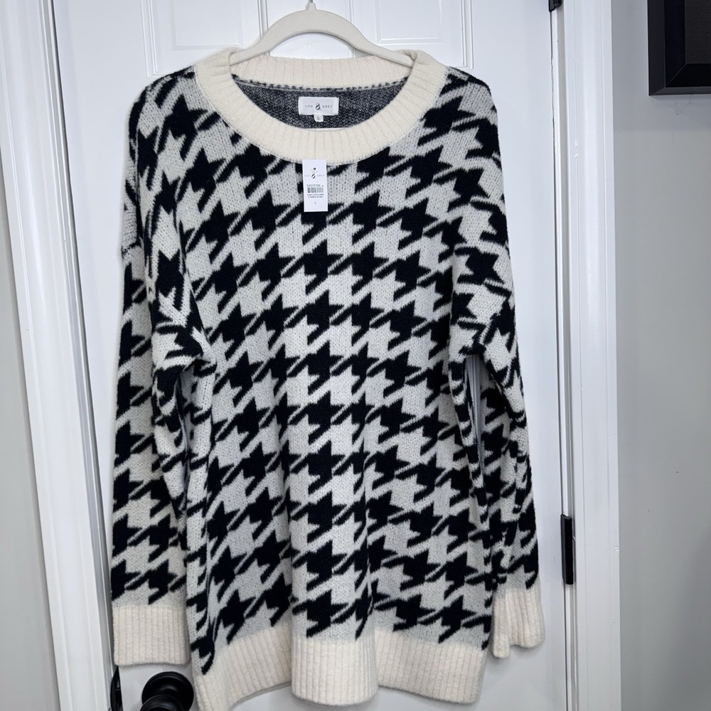 Lou & Grey Houndstooth Sweater Womens Large Black White Tunic Soft Knit NWT